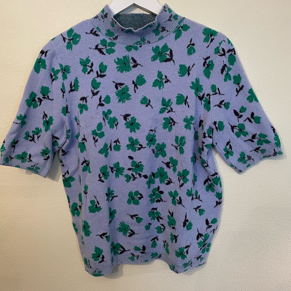 Ann Taylor Blue and Green Floral Mock Neck Sweater